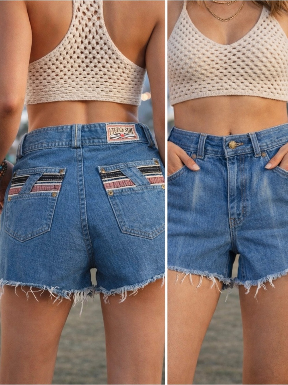 Vntg 70s French Star High Rise Denim Cutoff Shorts Striped Pocket Raw Hem~M💛🎀